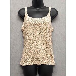 Womens Ditsy Floral Cami XL Cream Cottagecore Ribbed Boho Tank Prairie Farmcore